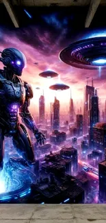 Futuristic robot amidst neon cityscape with UFOs hovering above.