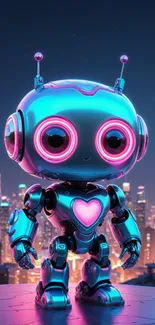 Cute robot standing with heart design against cityscape backdrop.