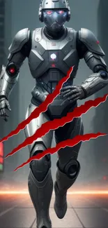 Futuristic robot with red claw marks in a cityscape background.