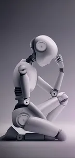 Wallpaper of a futuristic robot in contemplation with a purple-gray backdrop.