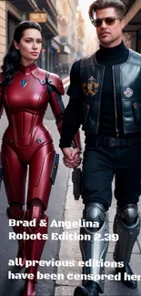 Futuristic couple in robotic suits walking down a city street.