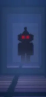 Dark wallpaper with a robot silhouette and glowing red eyes in blue tones.