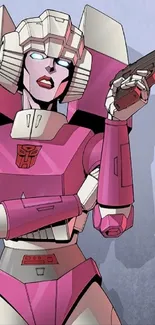 Artistic wallpaper of a pink and white futuristic robot design holding a gun.