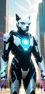 Futuristic robot dog in a sci-fi cityscape.