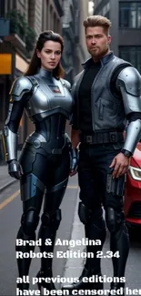 Futuristic duo in robot armor in city street.