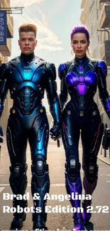 Futuristic robot duo in a cityscape with blue and purple armor glowing under neon lights.