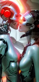 Futuristic robots in an intimate pose with vibrant red highlights.