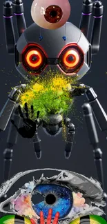 Futuristic robot with red eyes and abstract elements on a colorful background.