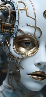 Futuristic robot face with gold accents in a detailed design.