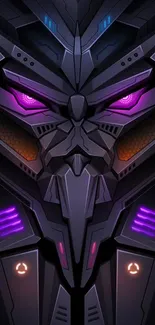 Graphic of a futuristic robot face with glowing eyes in a sleek design.