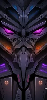 Futuristic robotic face with purple eyes and orange accents on dark background.