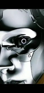 Futuristic robot face with metallic design.