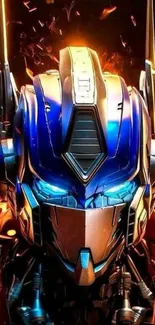 A detailed futuristic robot face with vivid colors and intricate design.