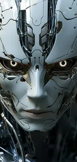 Futuristic robotic face with intricate design and silver tones