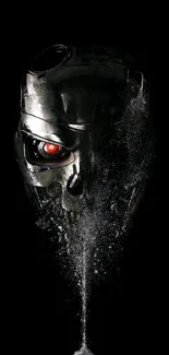 Futuristic robot face with dark background and metallic details.