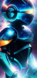 Futuristic robot with galaxy pattern amidst cosmic background.