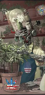 Futuristic robot gardener tending plants in a sci-fi art setting.