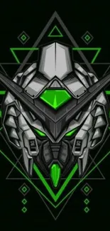 Futuristic robot with neon green accents on a geometric black background.