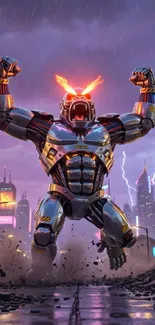 Robotic gorilla in a neon cityscape with lightning.
