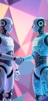 Two futuristic robots shaking hands with a colorful geometric background.