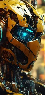 Close-up of a detailed yellow robot head with vibrant blue eye.