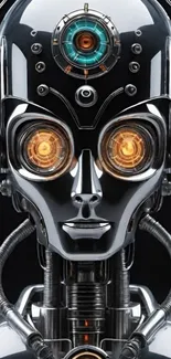 Futuristic metallic robot head with glowing eyes.