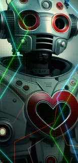 Futuristic robot with neon heart design and colorful laser lines.