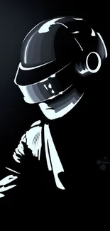 Futuristic robot helmet in monochrome tones on a dark background.