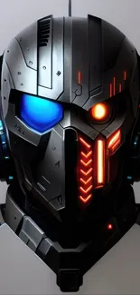 Futuristic robot helmet with neon lights.