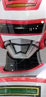 Futuristic red and white robot helmet design wallpaper.