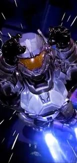 Futuristic robot with glowing elements in vibrant motion.