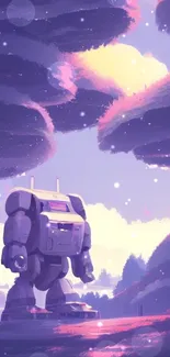 Futuristic robot stands in a mystical, purple landscape.