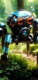 Futuristic robot in a lush green forest setting, perfect for mobile wallpaper.