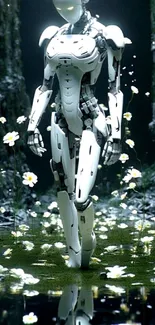 Futuristic robot in a serene, flower-filled natural setting.