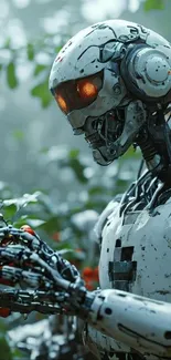 Futuristic robot with glowing eyes amidst lush greenery holding red tomatoes.