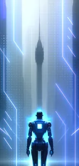 Futuristic robot standing in a neon-lit cityscape at night.