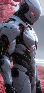 Futuristic robot in pink blossom landscape.