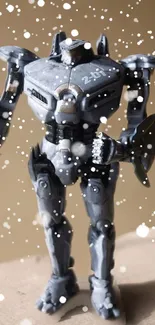 Futuristic robot stands in snow with beige background.