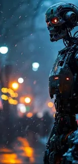 Futuristic robot in a snowy city at night.