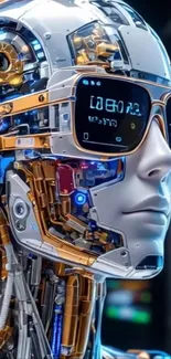 Futuristic robot wearing reflective sunglasses