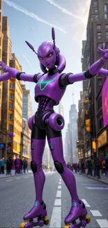 Futuristic robot skating in a vibrant urban street scene.