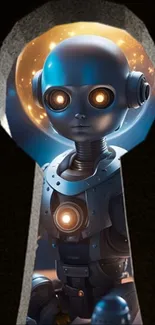 Futuristic robot peeking through a keyhole.