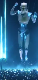 Futuristic robot in spectacular light show scene.