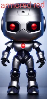 Futuristic metallic robot with red eyes on a minimalistic background.