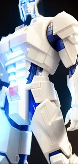 Futuristic white robot with blue lights phone wallpaper.