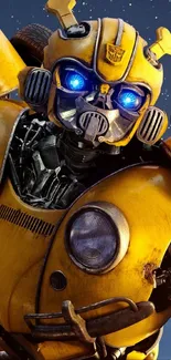 Vibrant yellow robot with blue eyes set against starry night.