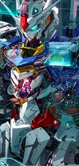 Futuristic robot with vibrant tech colors on wallpaper.