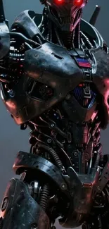 Futuristic robot with glowing red eyes
