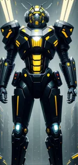 Futuristic robot standing tall with glowing yellow lights.