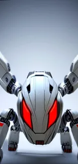 Futuristic robot with glowing red eyes on a metallic gray background.